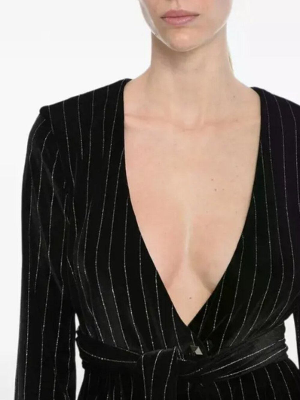 Philipp Plein Striped Belted V-Neck Velvet Blouse Black S